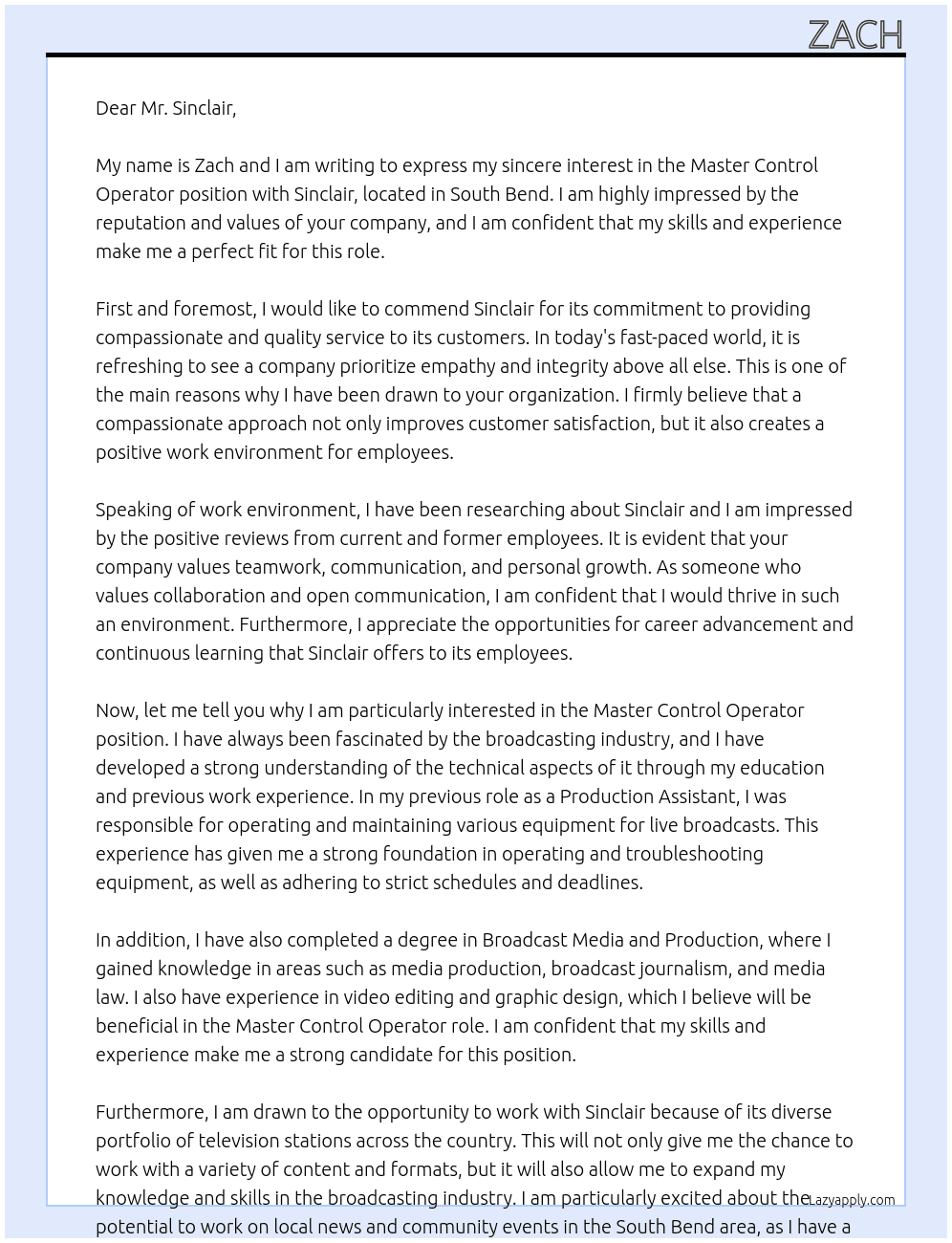 Master Control Operator At Sinclair Cover Letter