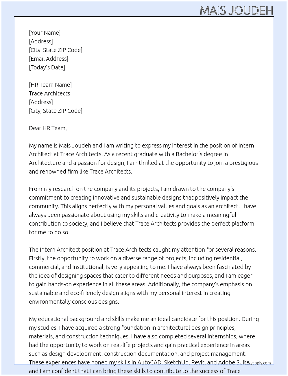 intern architect At trace architects Cover Letter