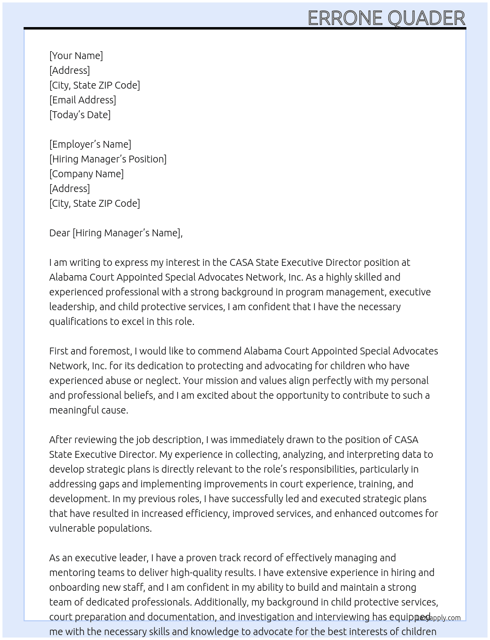 CASA State Executive Director At Alabama Court Appointed Special Advocates Network, Inc. Cover Letter