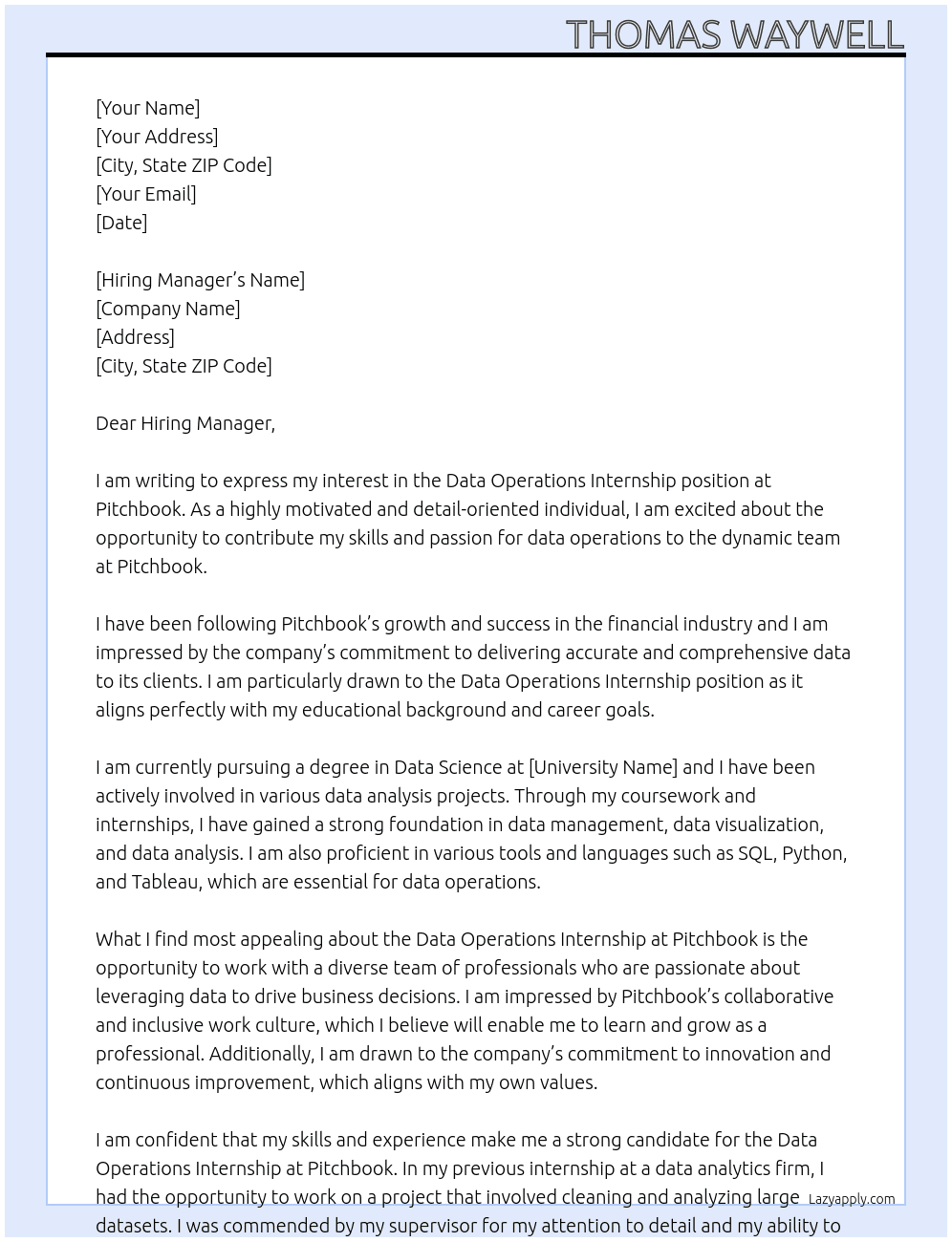 Data operations internship At Pitchbook Cover Letter