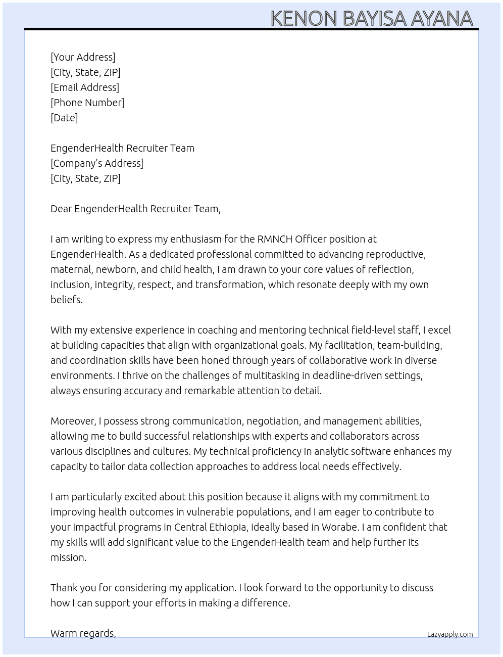 RMNCH officer At EngenderHealth Cover Letter