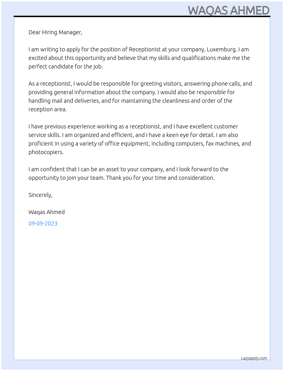 Receptionist At Luxemburg Cover Letter