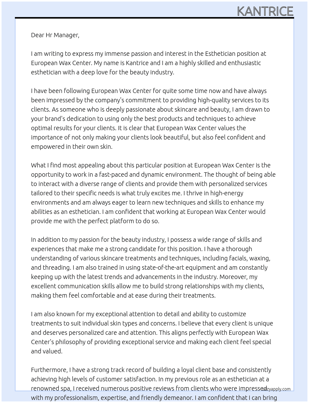 Esthetician  At European wax center  Cover Letter