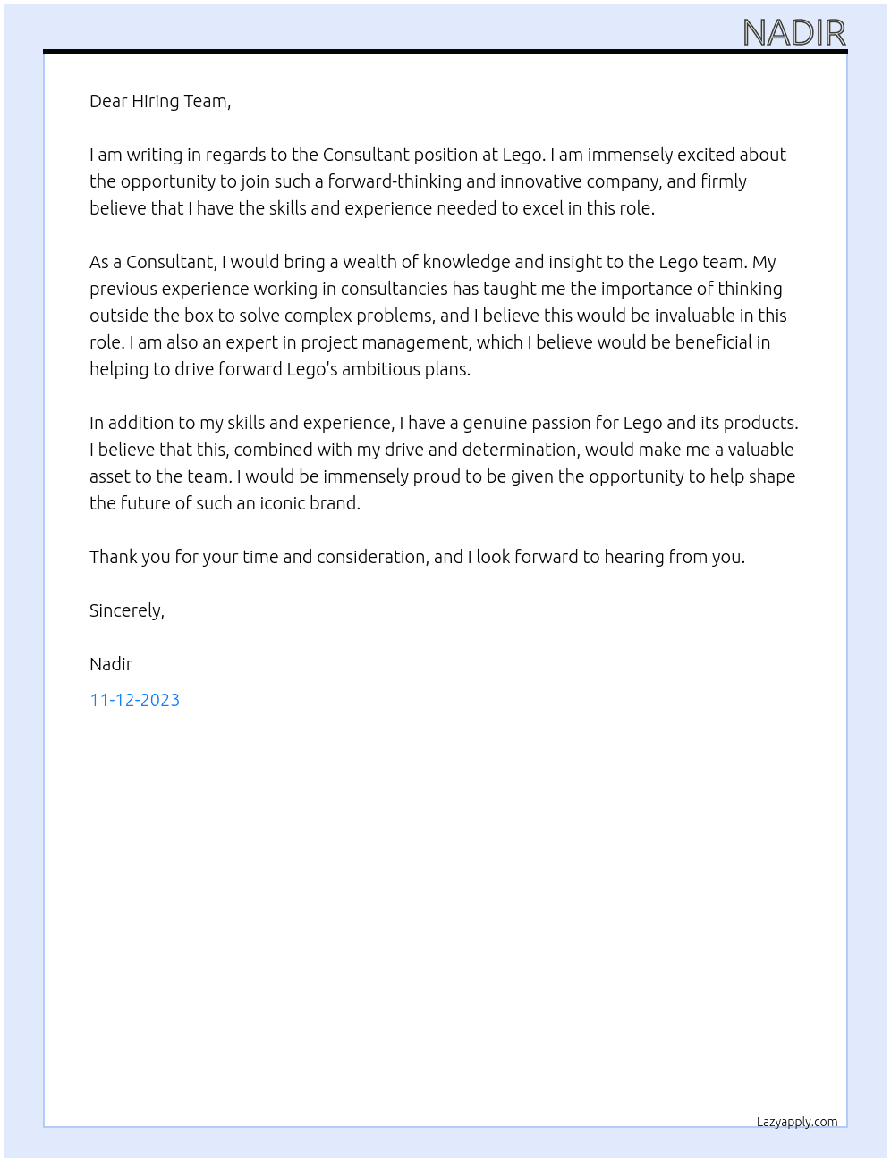Consultant  At Lego Cover Letter