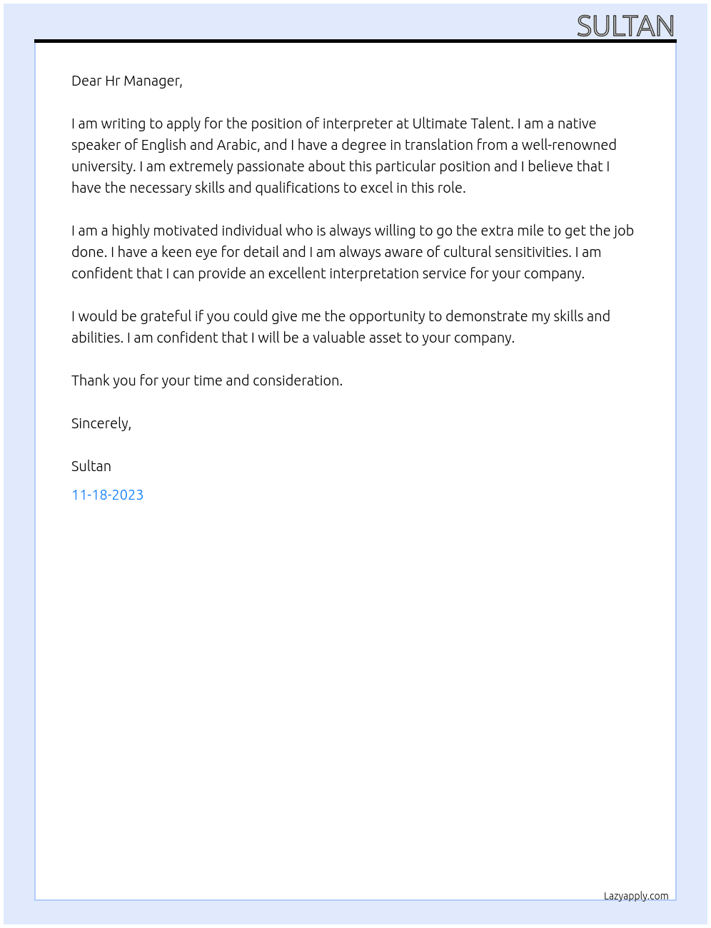 interpreter At Ultimate Talent Cover Letter