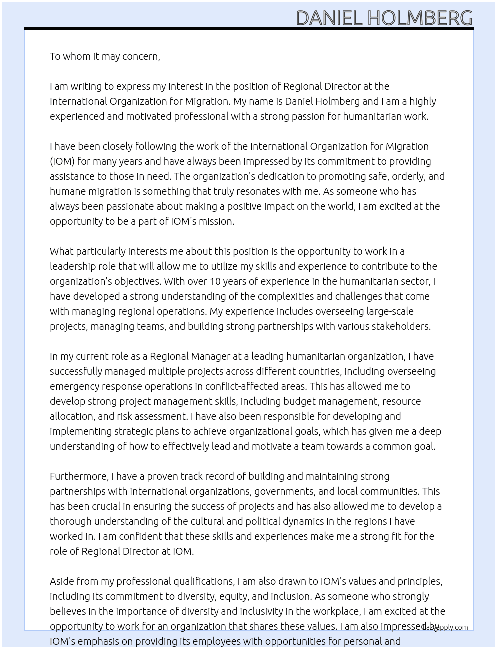 Regional Director At International Organization for Migration Cover Letter