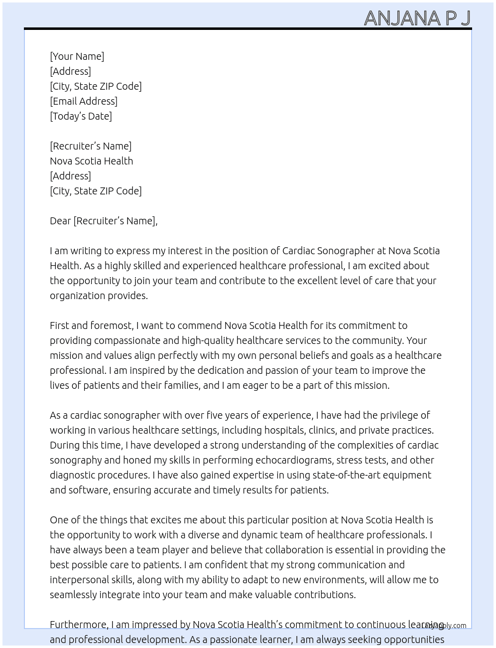 CARDIAC SONOGRAPHER At NOVA SCOTIA HEALTH Cover Letter