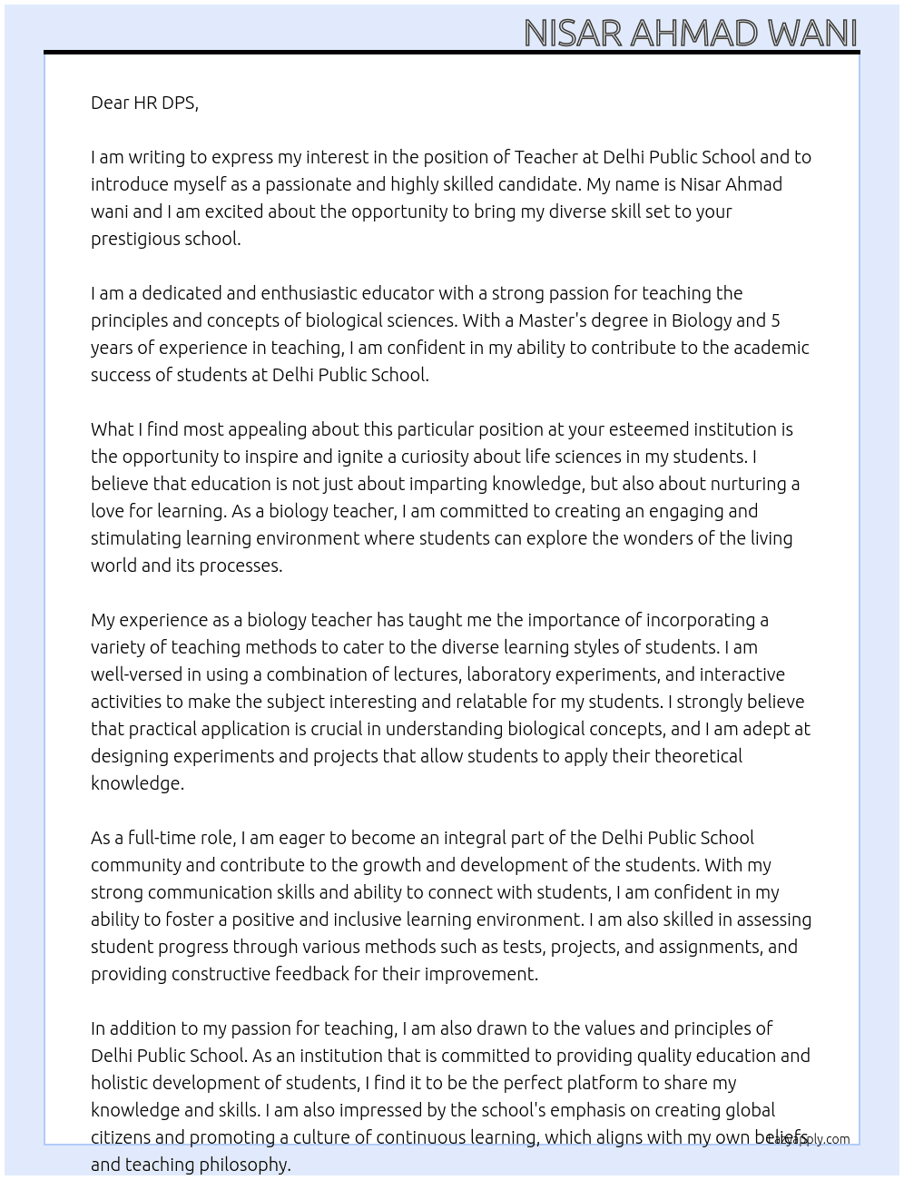 Teacher  At Delhi public school  Cover Letter
