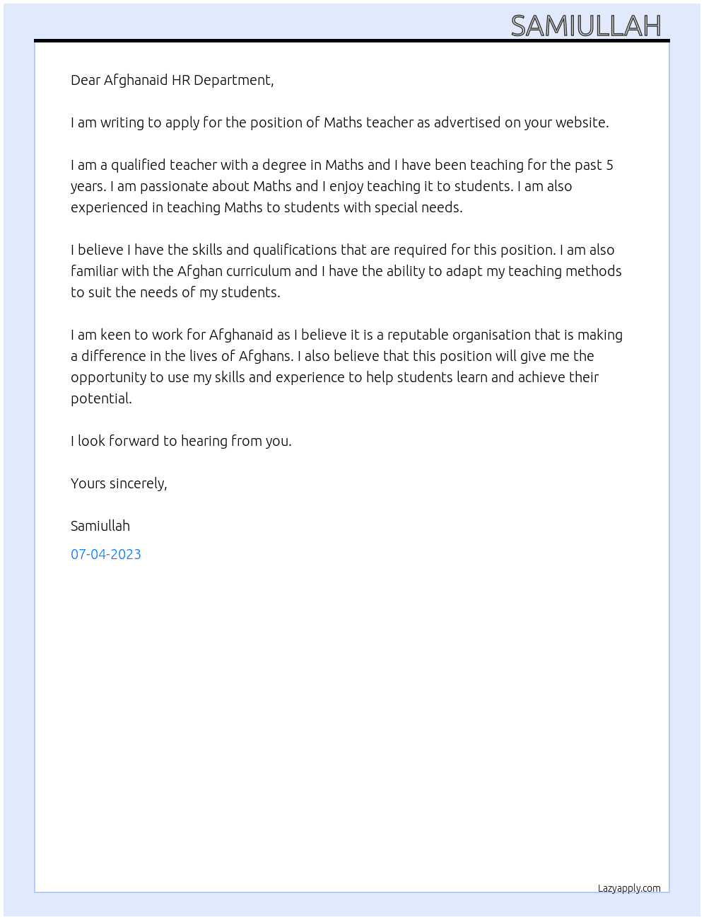 Maths teacher  At Afghanaid  Cover Letter
