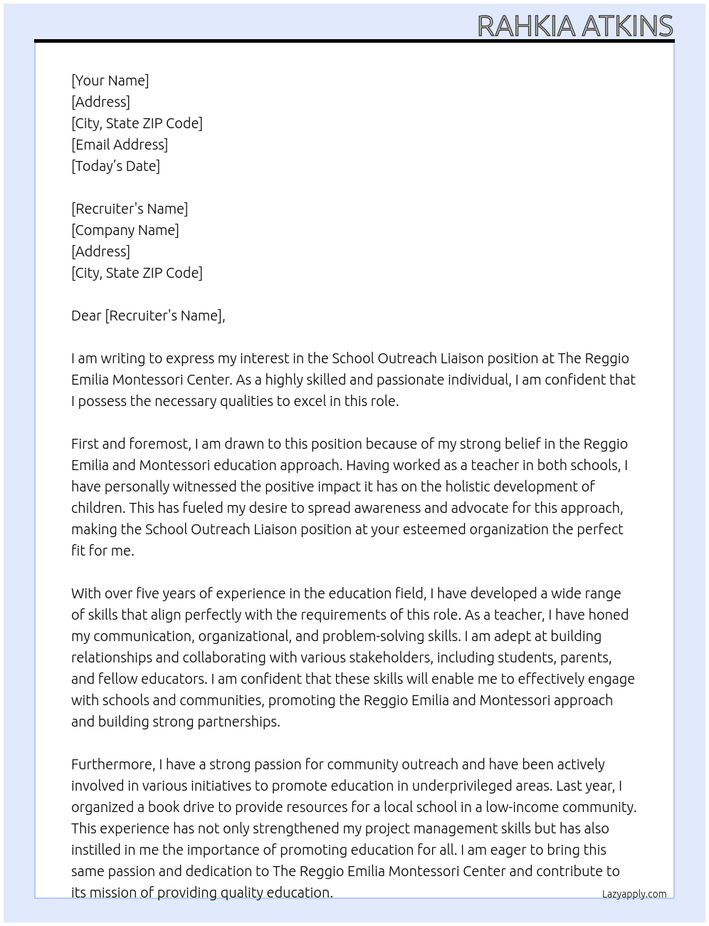 School Outreach Iiaison At The Reggio Emilia Montessori Center  Cover Letter