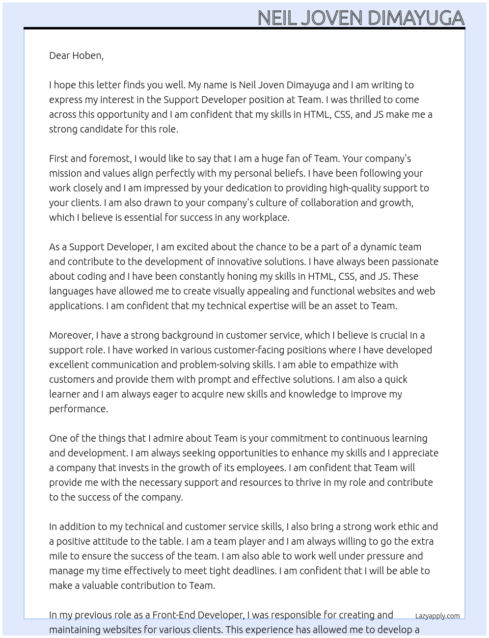 Support Developer At Team Cover Letter