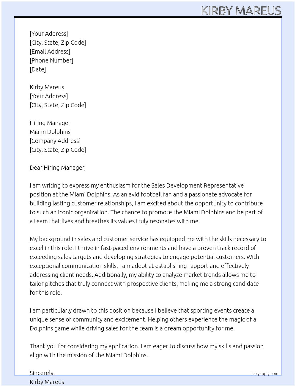 Sales Development Representative  At Miami Dolphins Cover Letter