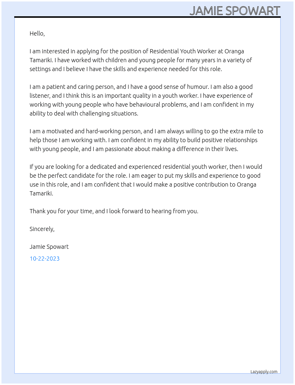 Residential Youth Worker At Oranga Tamariki  Cover Letter
