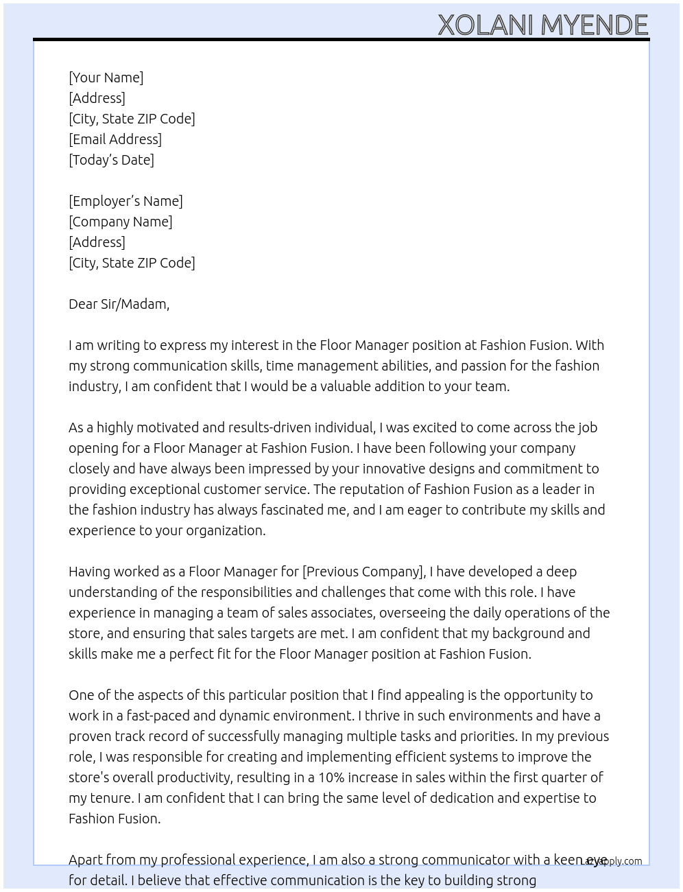 Floor Manager  At Fashion Fusion  Cover Letter