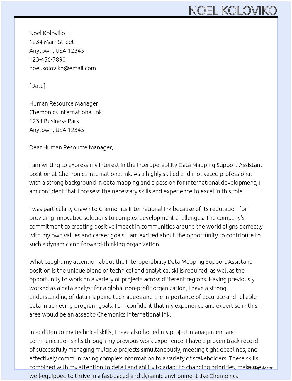 interoperability Data Mapping Support Assistant At Chemonics International Ink Cover Letter