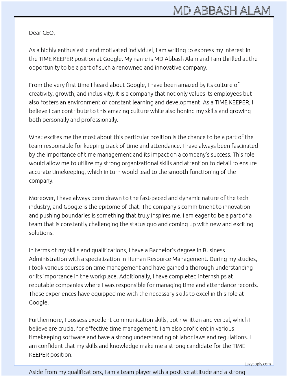 TIME KEEPER  At Google  Cover Letter