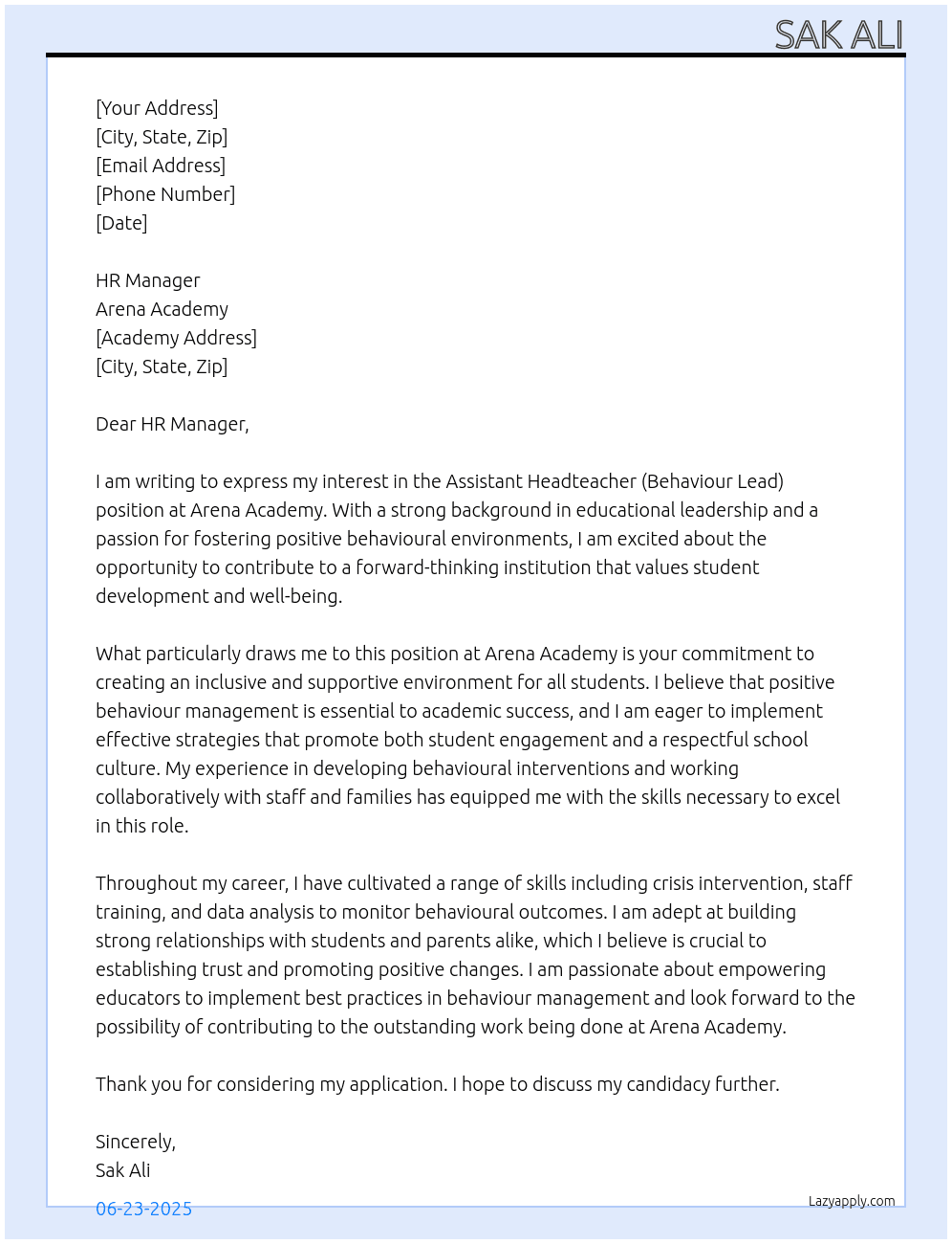 Assistant headteacher (behaviour lead) At Arena Academy Cover Letter