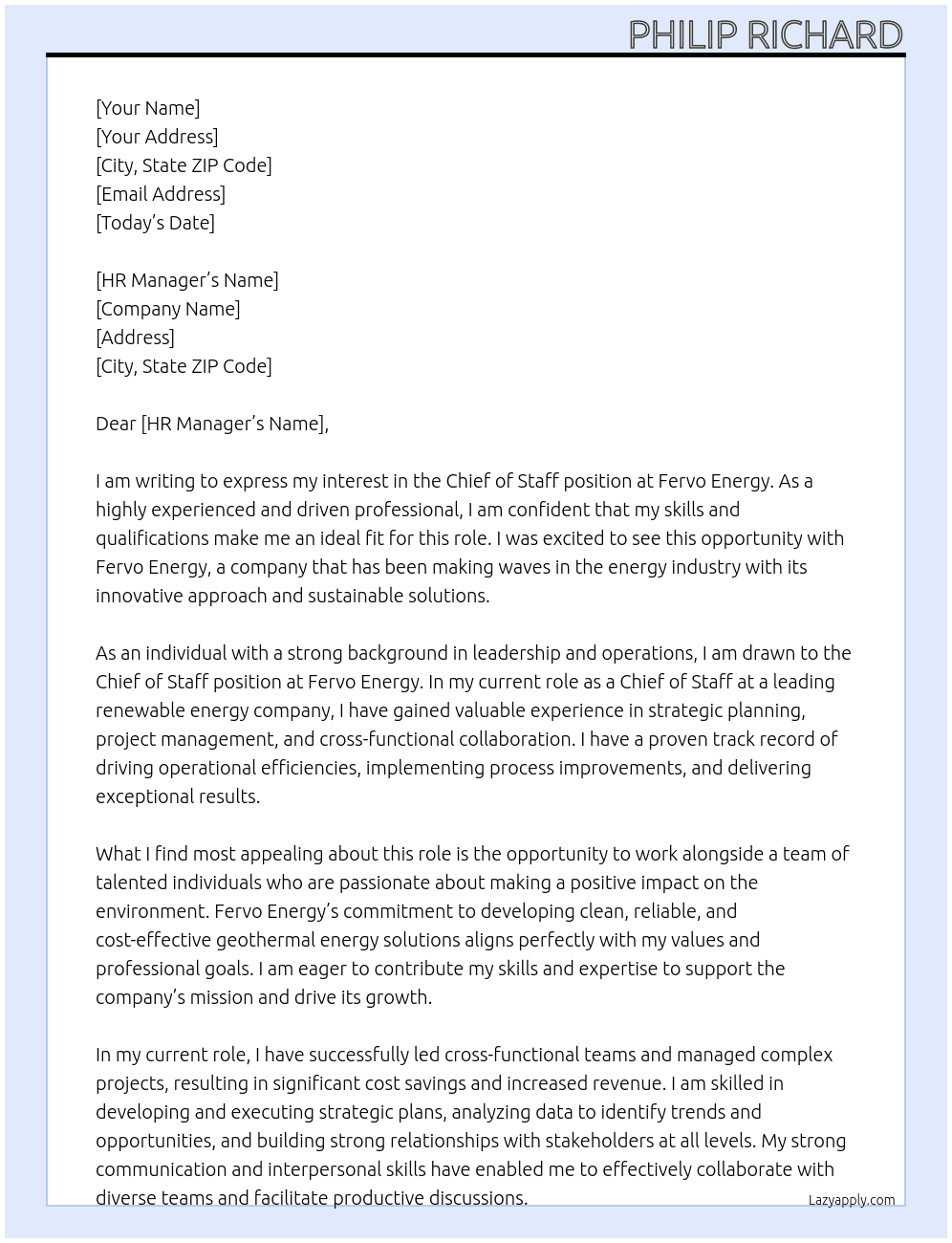 Chief of Staff At Fervo Energy Cover Letter