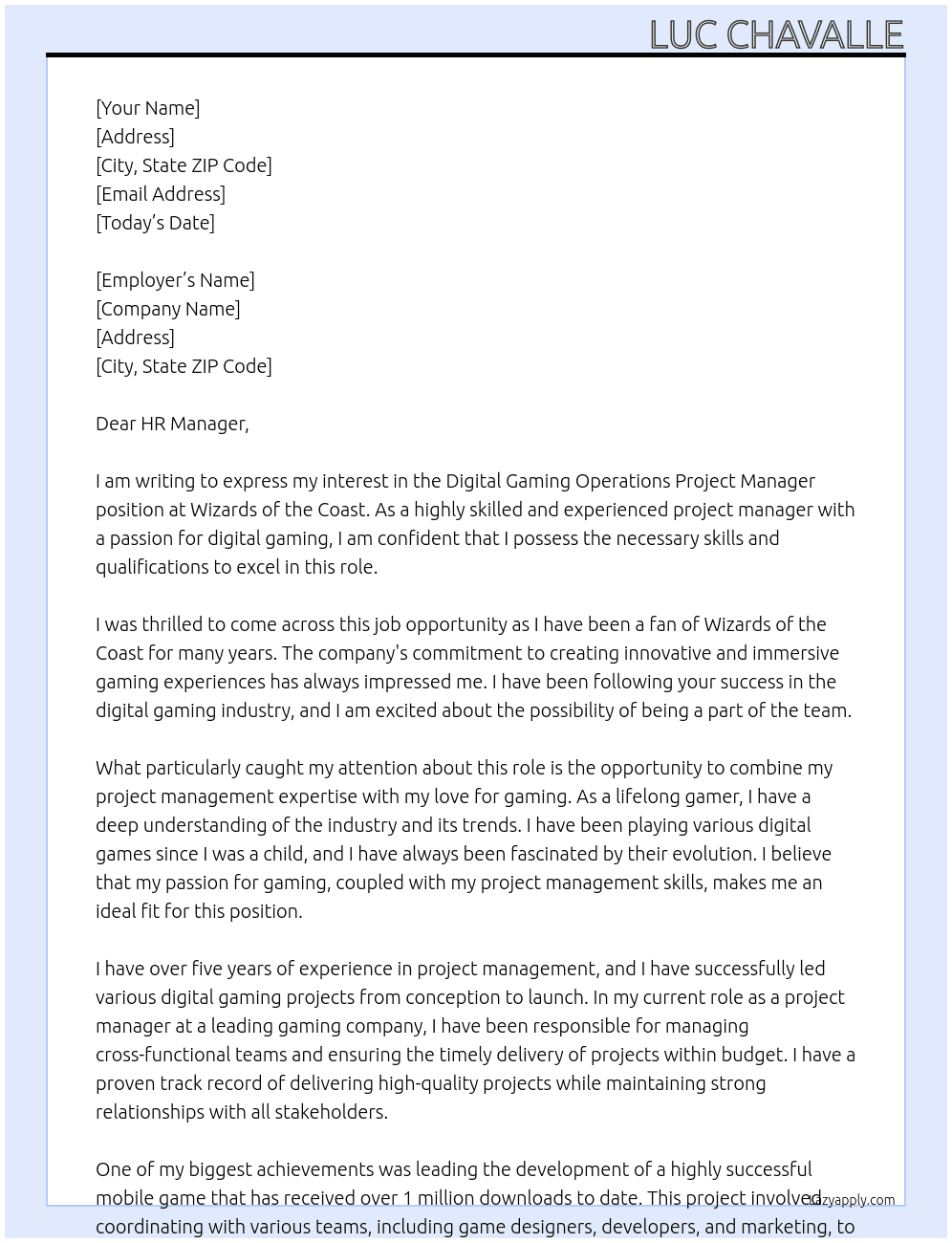 Digital Gaming Operations Project Manager At Wizards of the Coast Cover Letter