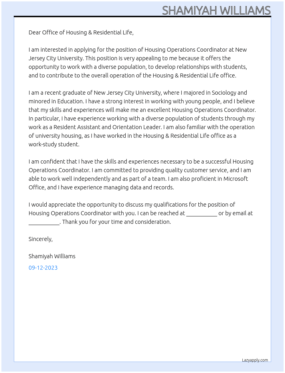 Housing Operations Coordinator  At New Jersey City University  Cover Letter