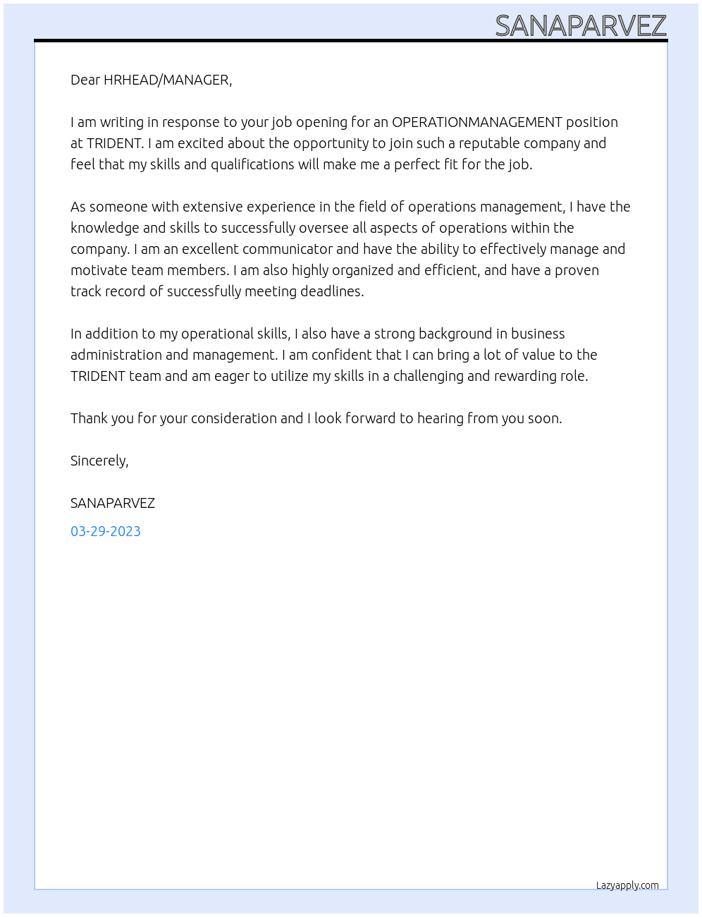 OPERATIONMANAGEMENT At TRIDENT Cover Letter