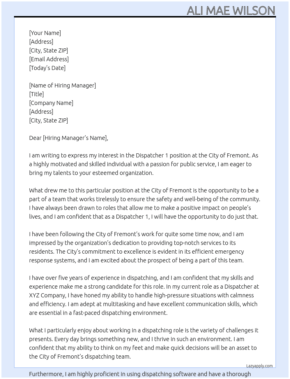 Dispatcher 1 At City of Fremont Cover Letter