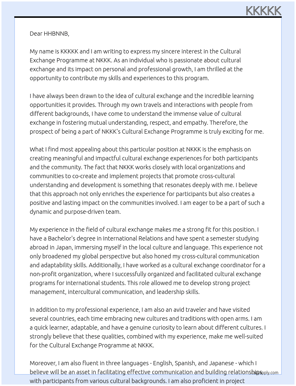 What do you benefit from cultural exchange programme At nkkk Cover Letter