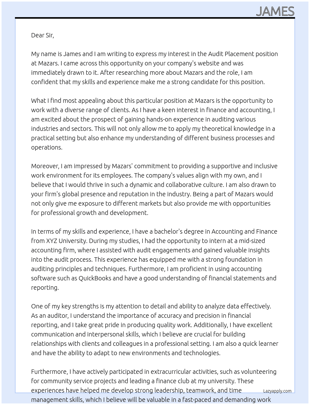 Audit placement  At Mazars Cover Letter