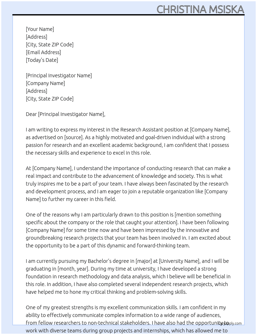 Research assistant  At Bis Cover Letter