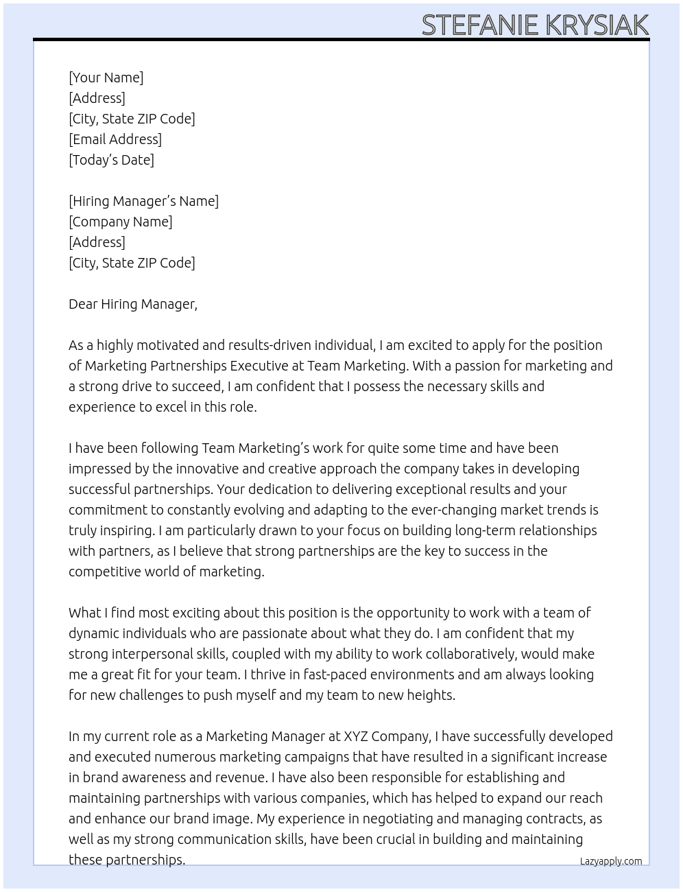 Marketing Partnerships Executive At Team Marketing Cover Letter