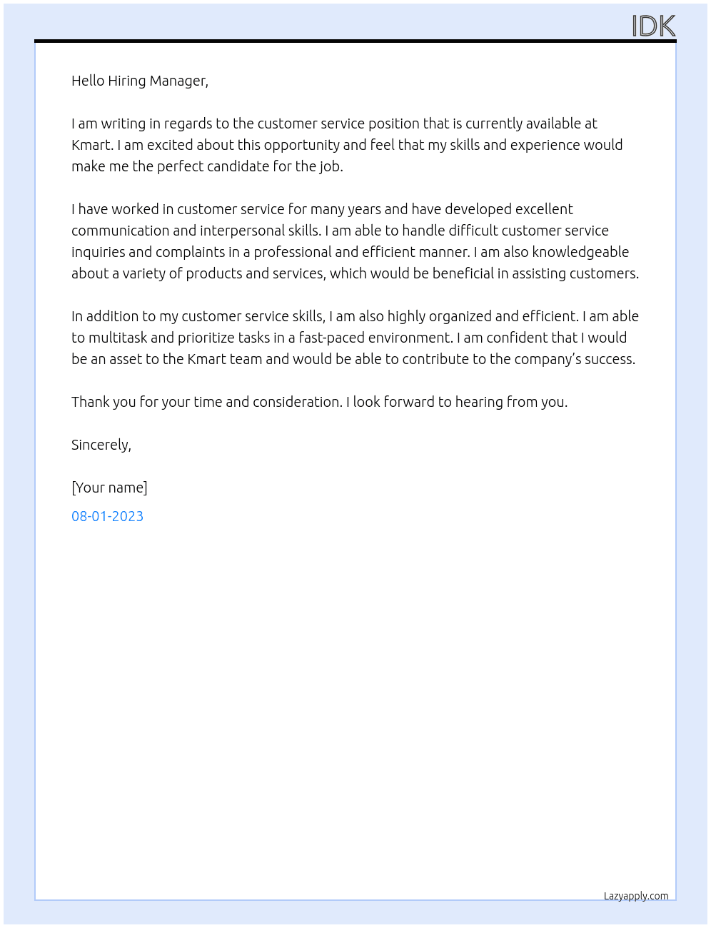 Customer service  At Kmart Cover Letter