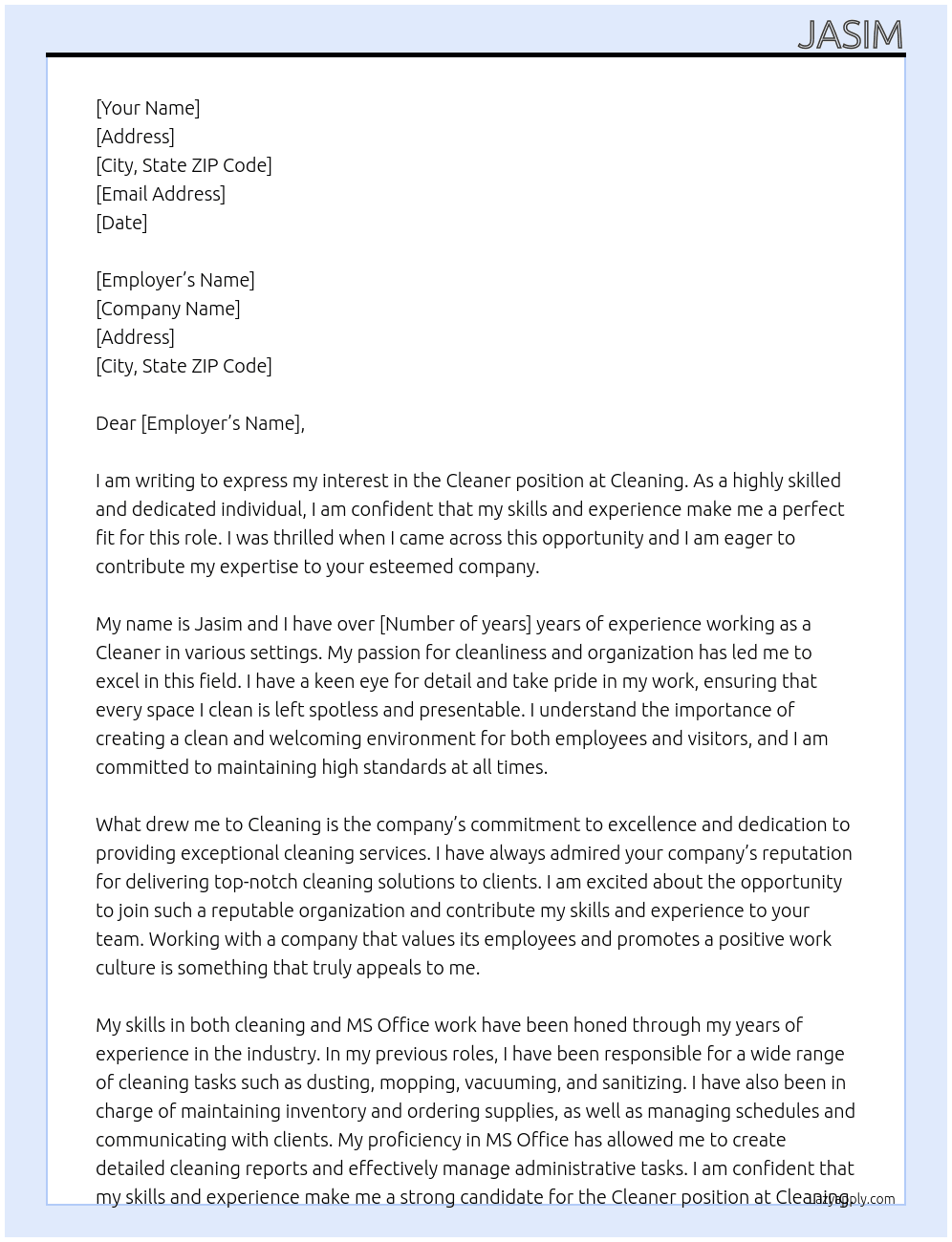 Cleaner  At Cleaning  Cover Letter