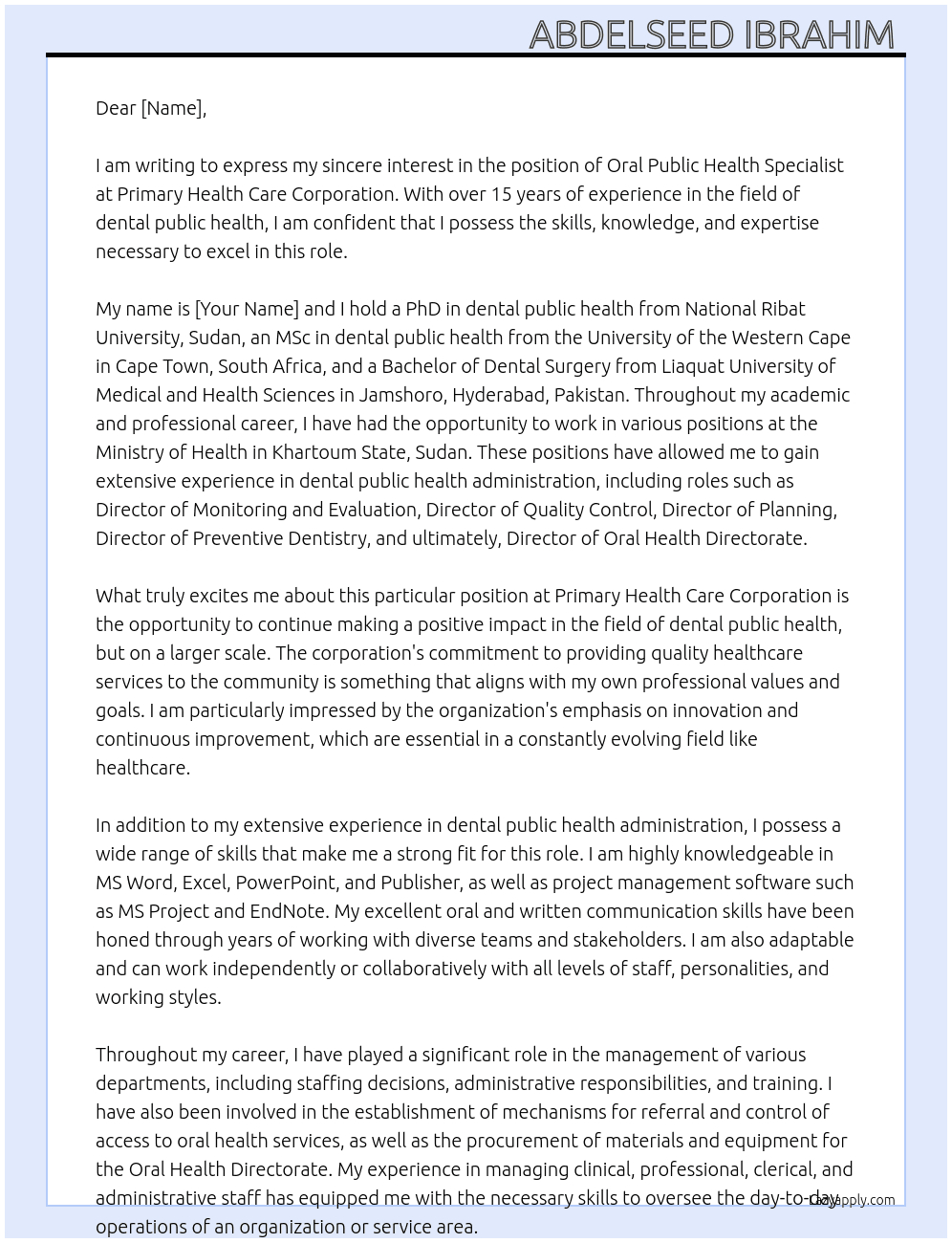 Oral Public Health Specialist  At Primary Health Care Corporation  Cover Letter
