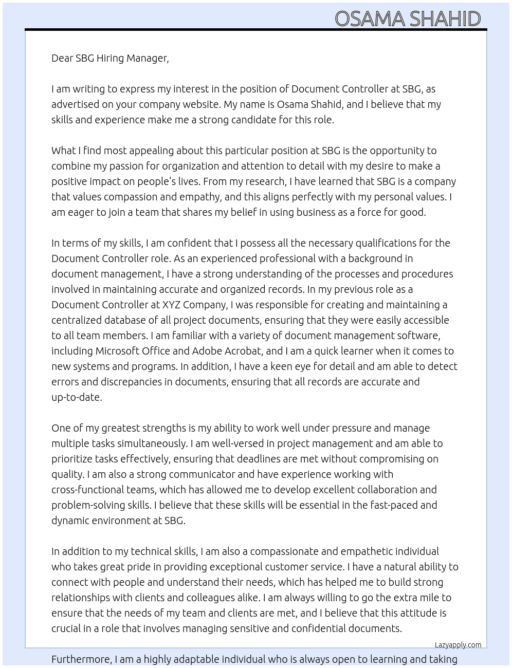 DOCUMENT CONTROLLER  At SBG Cover Letter