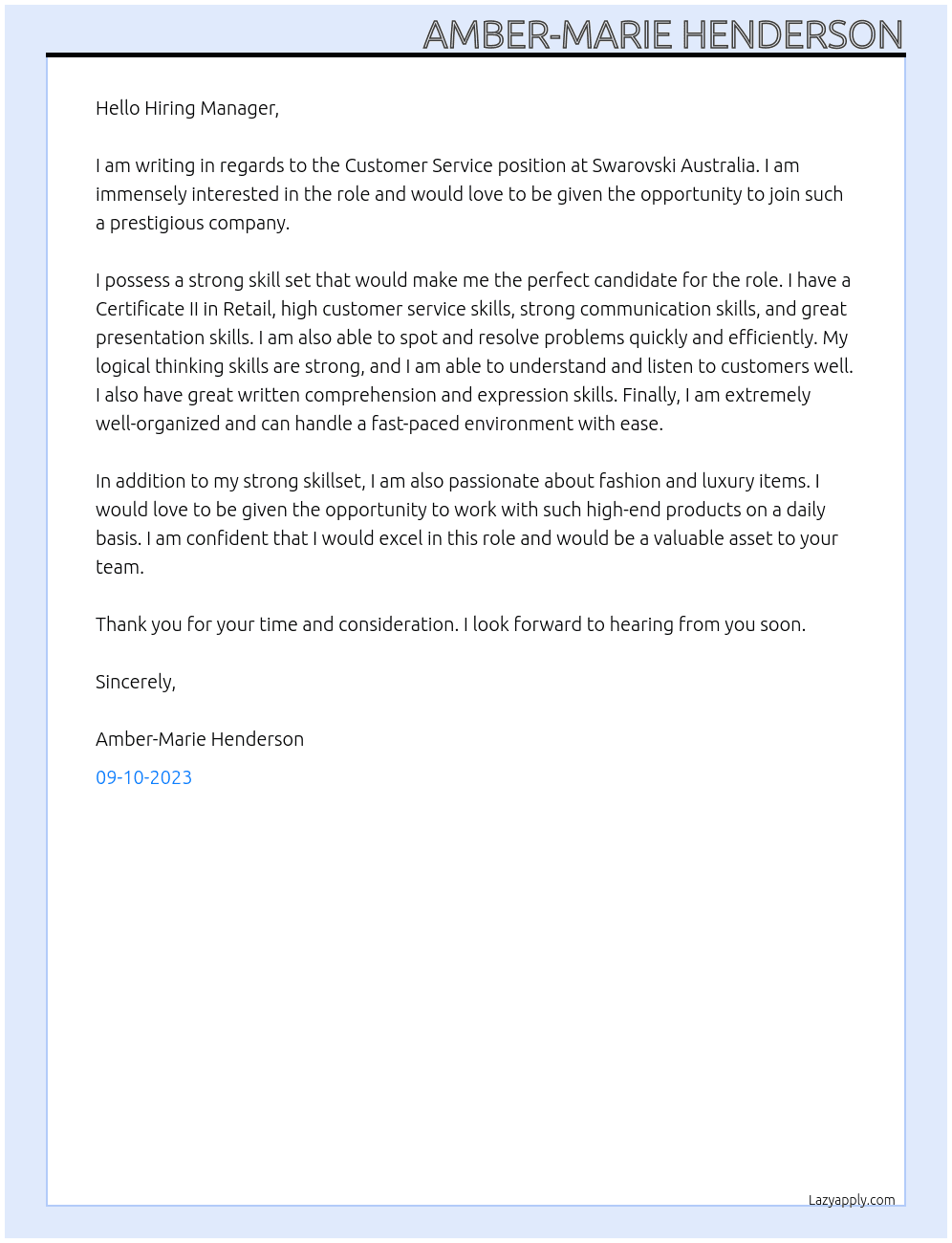 Customer Service At Swarovski Australia Cover Letter