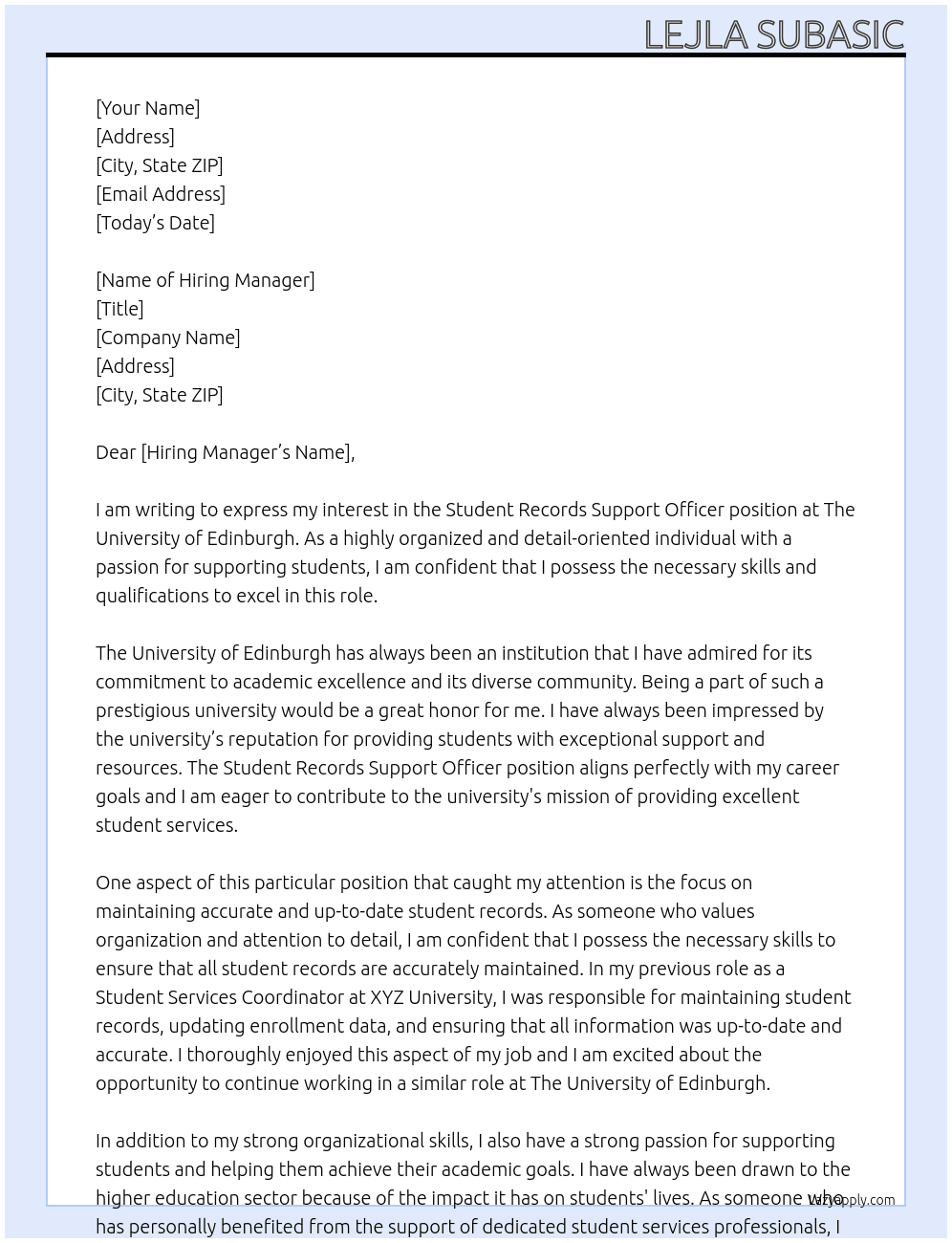 Student Records Support Officer At The university of edinburgh Cover Letter
