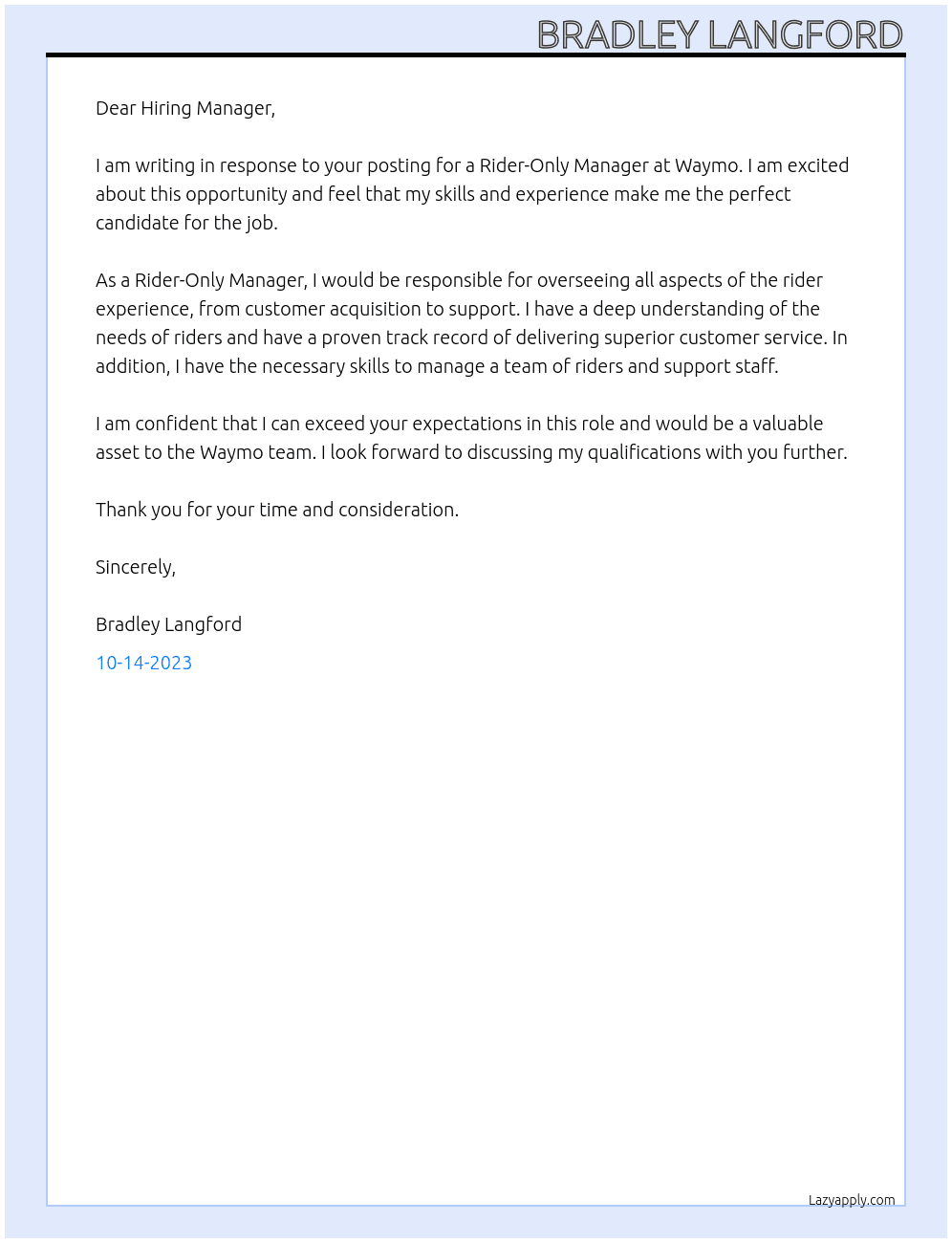 Rider-Only Manager At Waymo Cover Letter