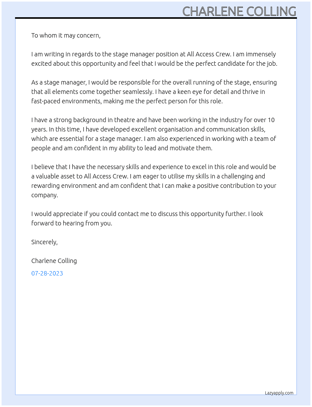 stage manager At All Access Crew Cover Letter