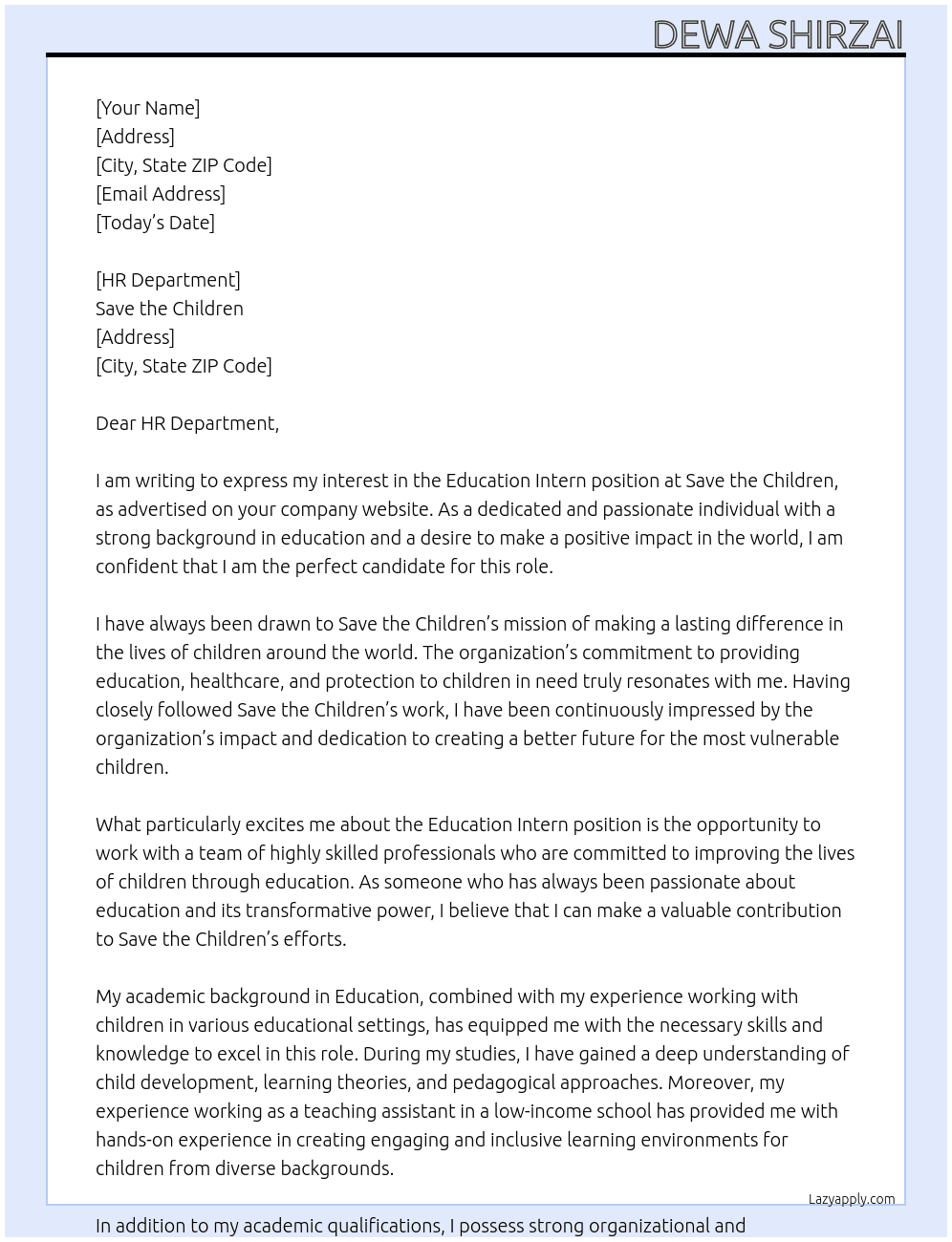 Education Intern At Save the Children Cover Letter
