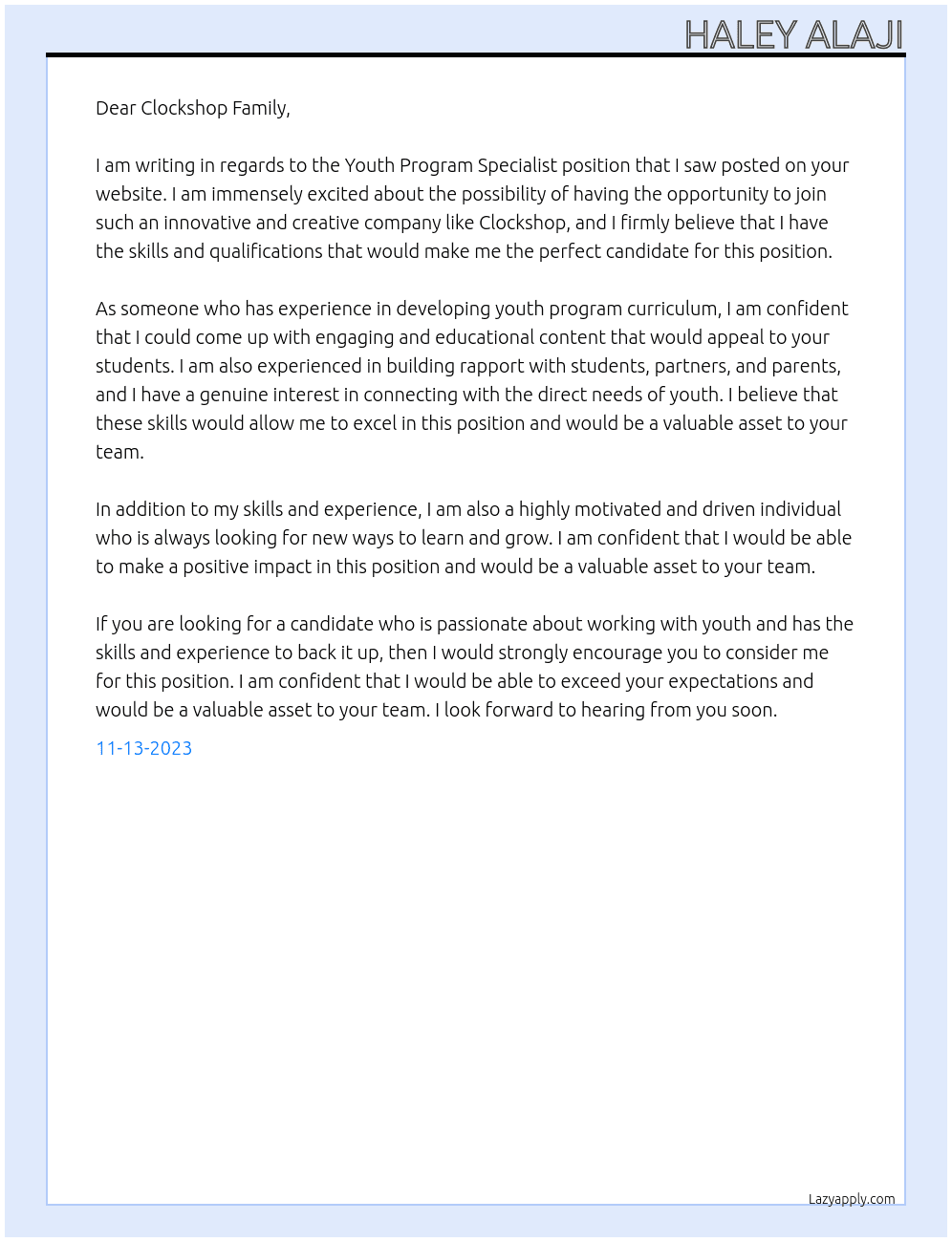Youth Program Specialist  At Clockshop Cover Letter