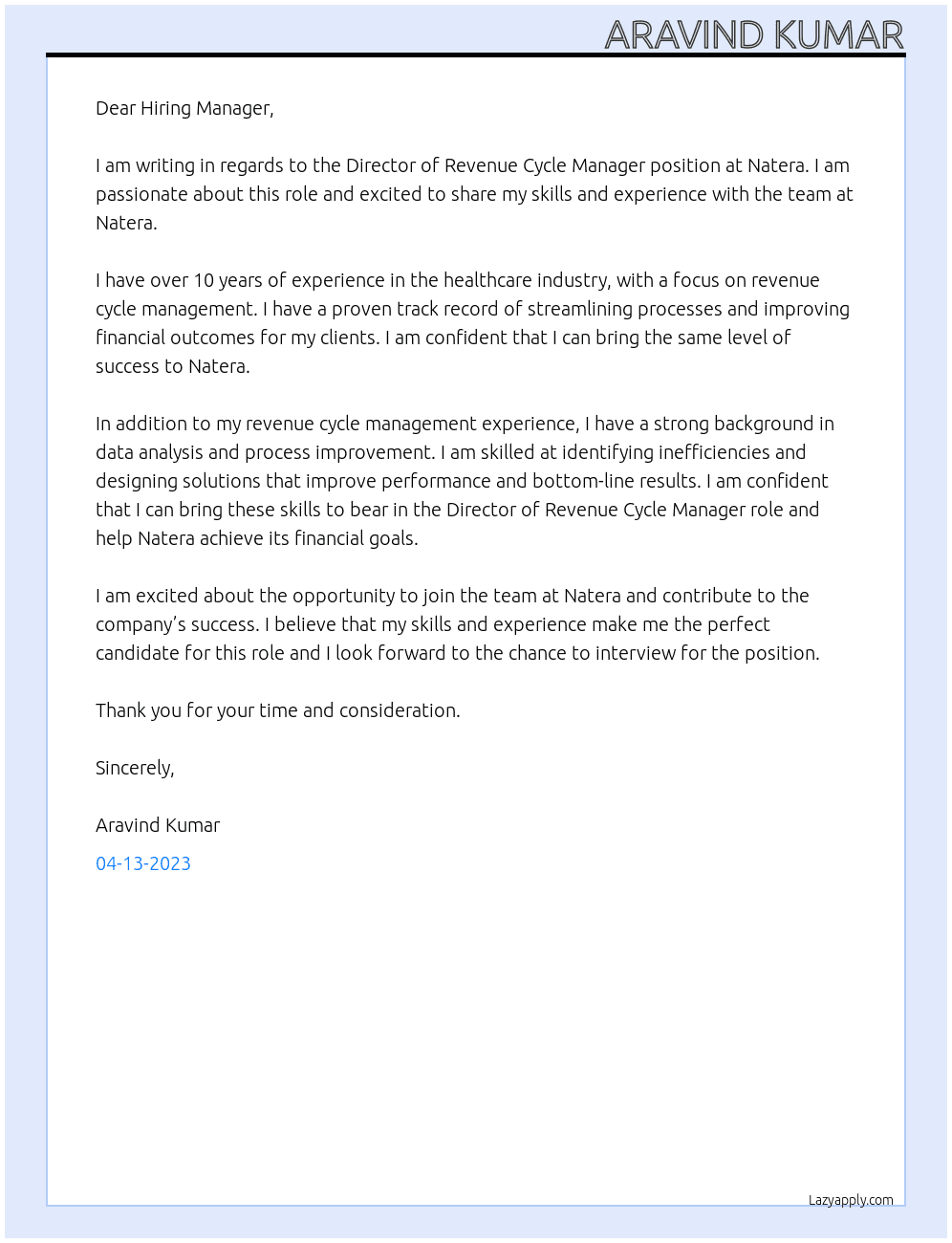 Director of Revenue Cycle Manager At Natera Cover Letter