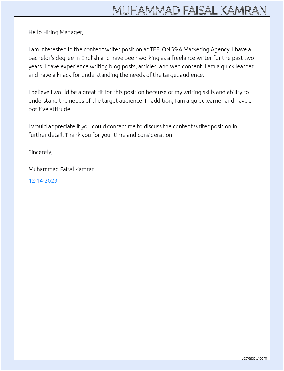 Content writer  At TEFLONGS-A Marketing Agency Cover Letter