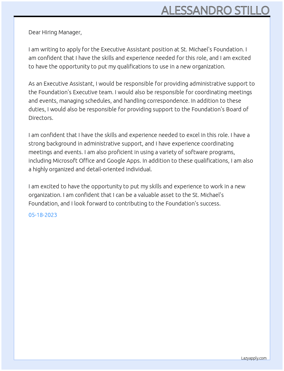 Executive Assistant At St. Michael's Foundation Cover Letter