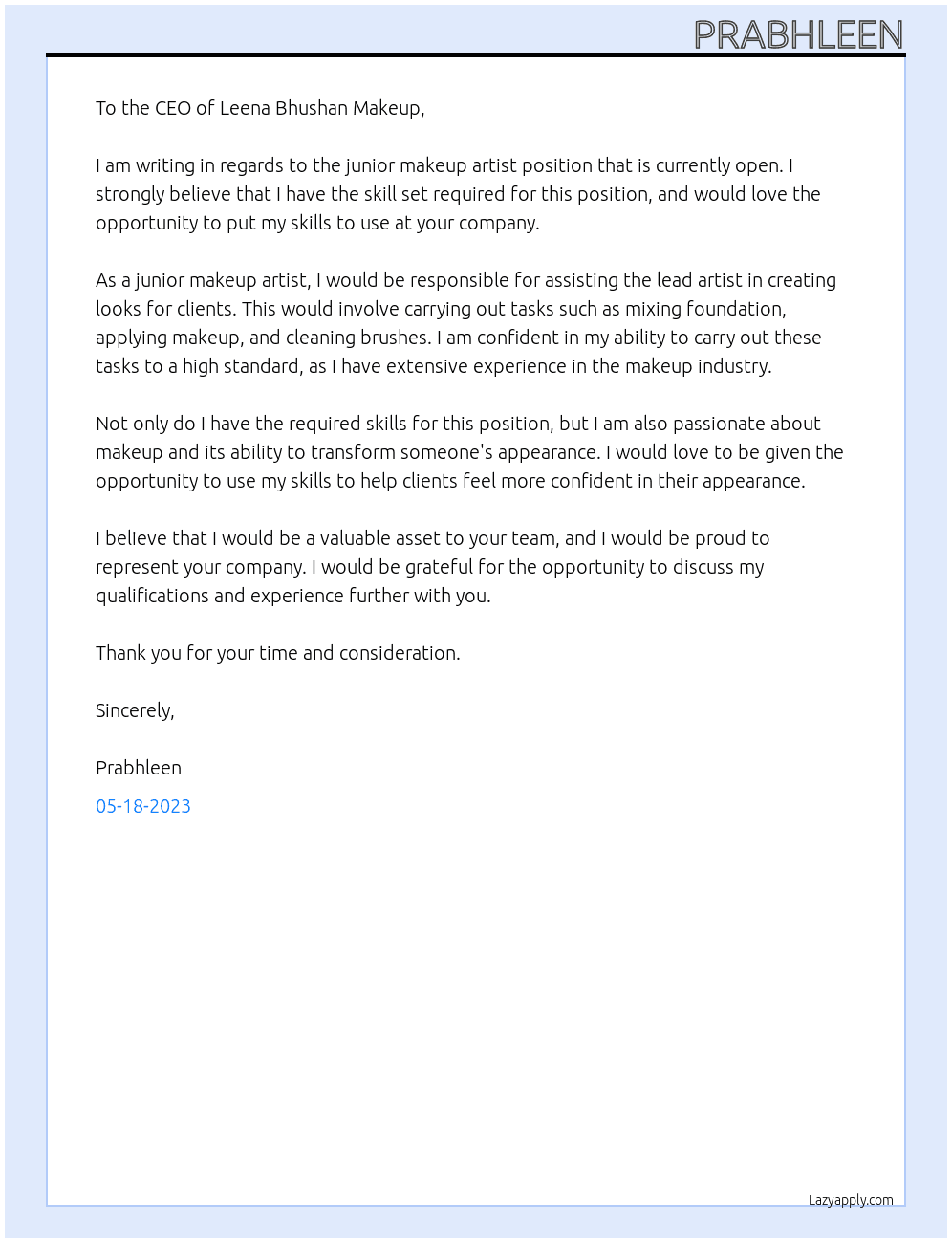 junior makeup artist At leena bhushan makeup Cover Letter