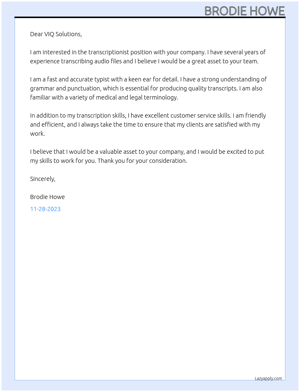 Transcriptionist At VIQ Solutions Cover Letter