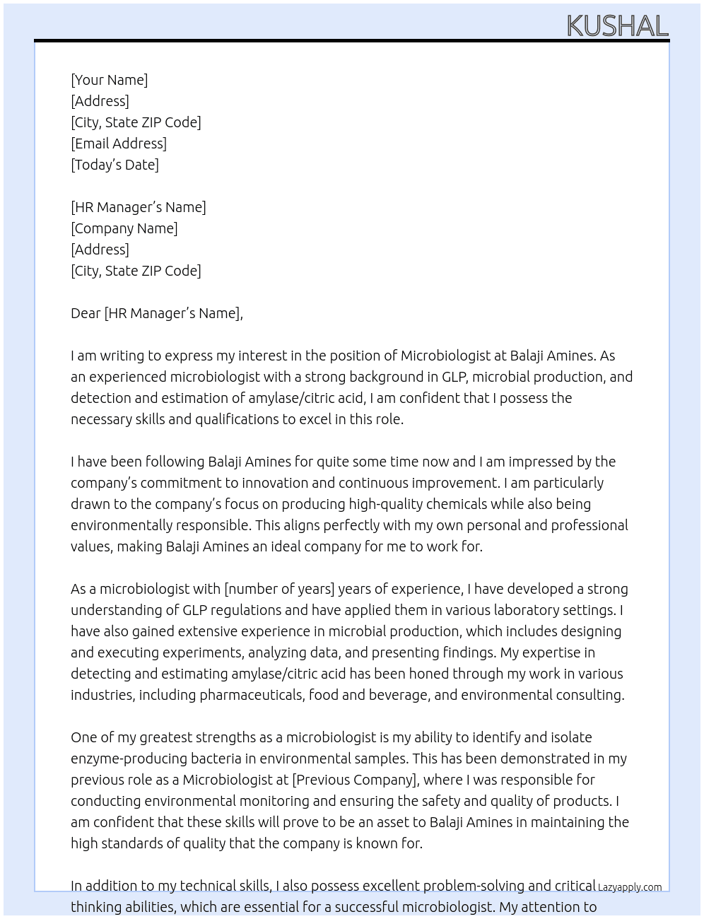 Microbiologist At Balaji Amines Cover Letter