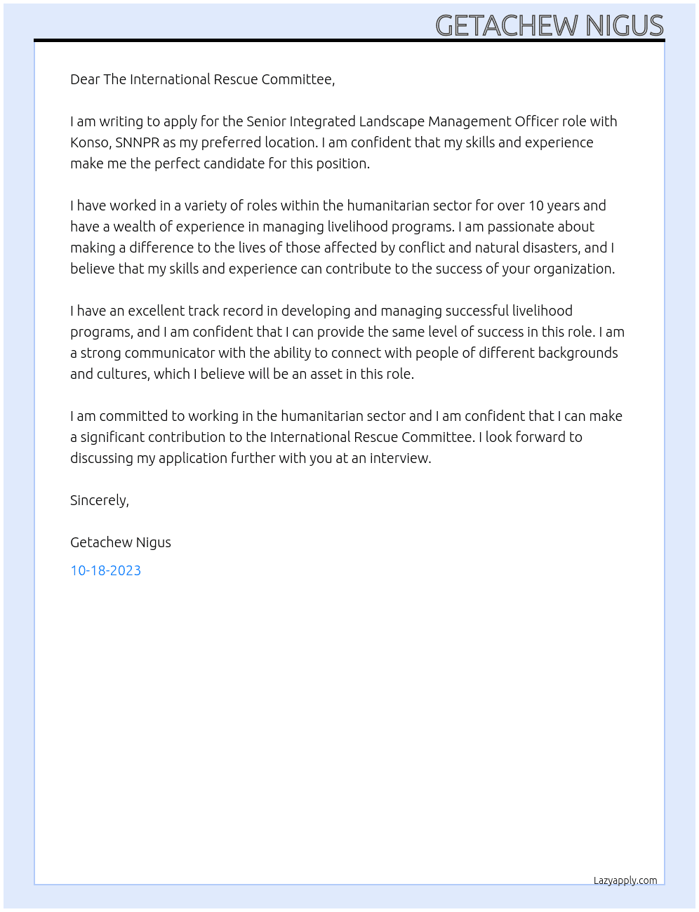 Livelihood Program Manager  At The International Rescue Committee Cover Letter