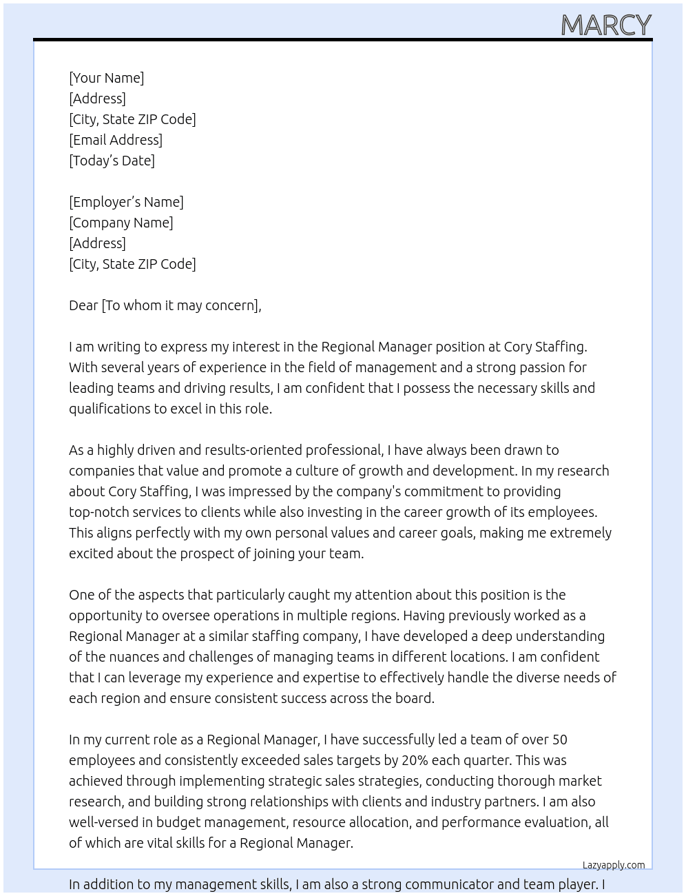 Regional Manager At Cory Staffing Cover Letter