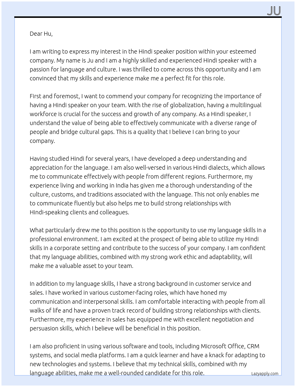Hindi speaker  At Hu Cover Letter