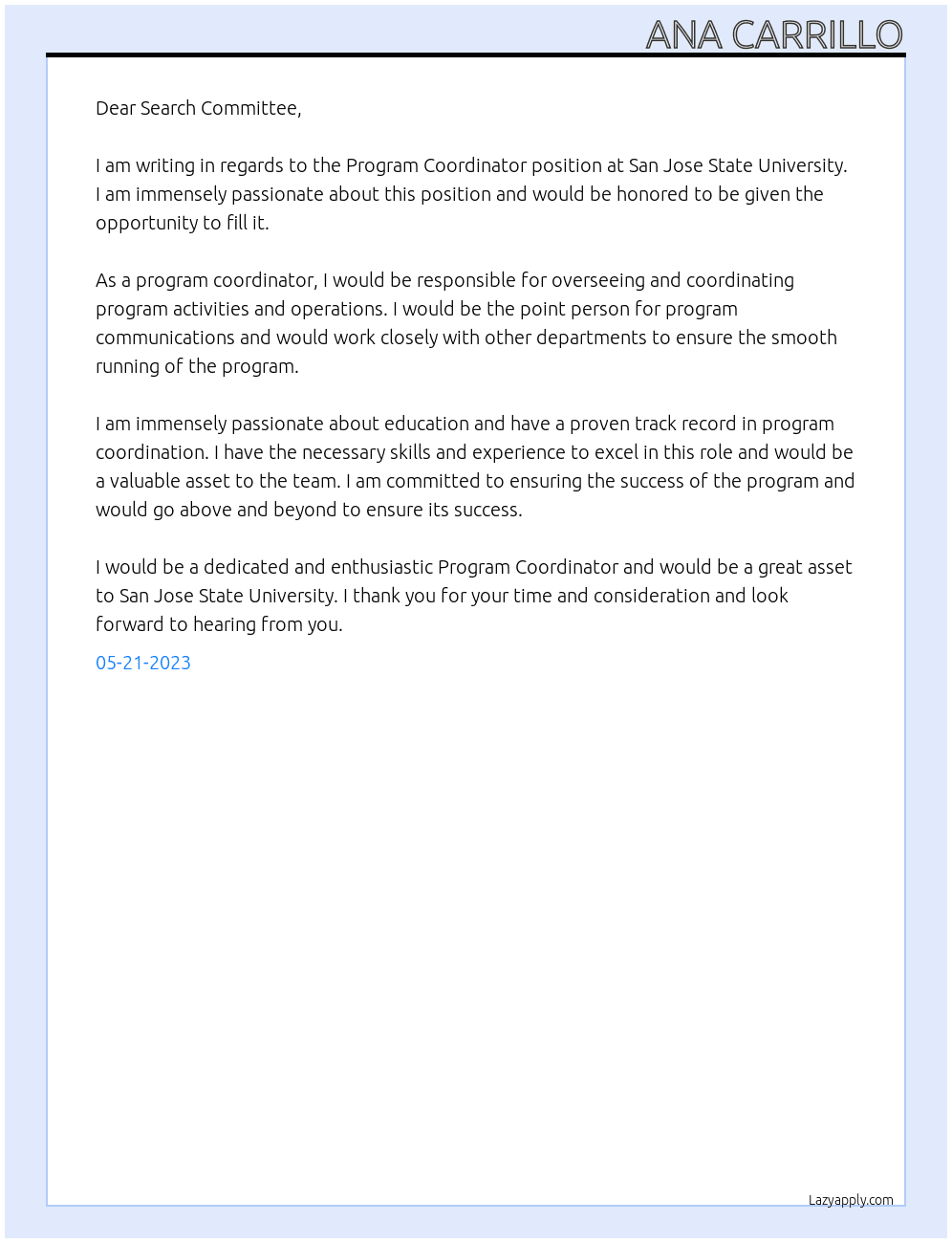 Program Coordinator At San Jose State University Cover Letter